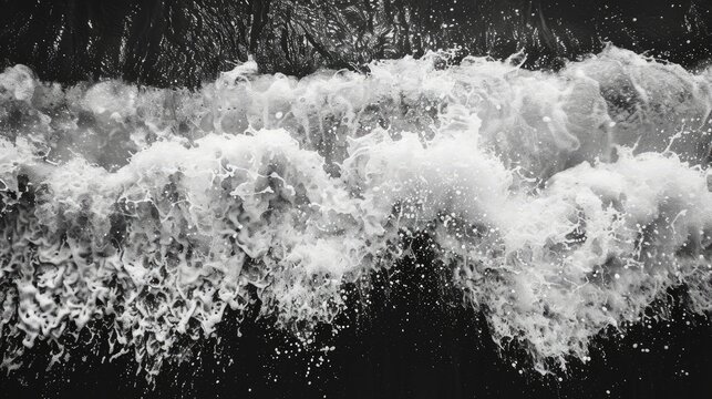 Sea wave with bubbles hitting the sandy beach viewed from above in a black and white high contrast and grainy style