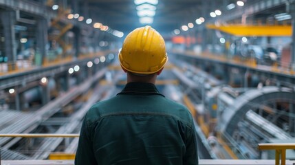 A worker in a hard hat looking out over a factory floor. An industrial worker wearing a hard hat is looking at a large number of pipes. Production of hydraulic pipes, water pipes, steel pipes
