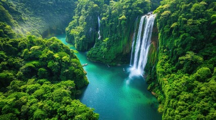 Aerial View of Lush Rainforest Waterfall and River