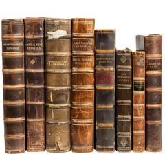 A row of old leather bound books with titles such as "Smokeless Powder",isolated on white background or transparent background