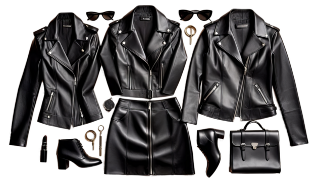 black three leather women stylish outfits woman standing fashion trendy edgy friends confident attitude powerful group oneness fashionable contemporary modern chic bold attire