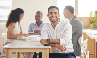 Fototapeta premium Office, meeting and portrait of businessman with smile for corporate deal, partnership and planning. Happy, employee and consultation with pride for business proposal, b2b merger and collaboration