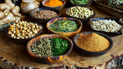 Macrobiotic diet food. Healthy organic food. Vegan food and ingredient. Vegetable and herbs. 