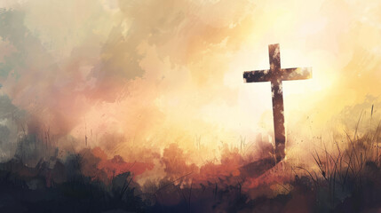 Christian cross on a grave in watercolor painting style illustration. Peaceful death, rest in peace, concept.