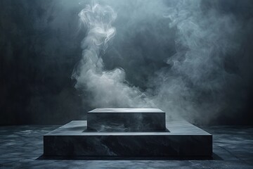 Podium black dark smoke background product platform abstract stage texture fog spotlight. Dark...