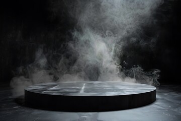 Podium black dark smoke background product platform abstract stage texture fog spotlight. Dark...