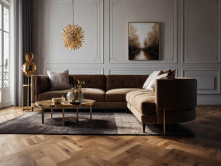 Elegant Ambiance, Parquet-Floor Living Room Furnished with Contemporary Chic