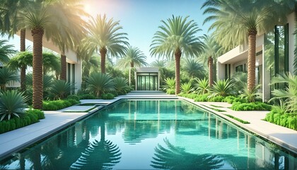 Obraz premium a futuristic digital background, where shimmering pools and lush greenery coexist with advanced technology and artificial intelligence