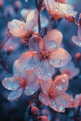 A close up of flowers with water droplets.