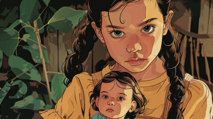 Portrait of little poor girl holding baby doll in comic style illustration.