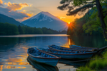 Tranquil lake scene at sunset with rowboats moor,
A sunset over a lake with a mountain in the...