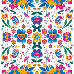 simple seamless pattern, colorful folk art floral patterns with hearts and flowers, seamless border design, bright colors, white background,