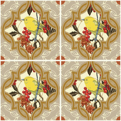 Vintage Ceramic tile pattern.Design with  yellow brid and floral on beige background.Hand drawn.These design is perfect for adding pattern to home decorative tile,concrete,textile,scarf and wallpaper.