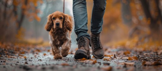 A person walking with a dog in the fall.