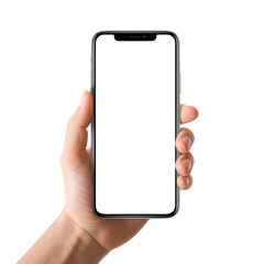 hand holding smart phone isolated on transparent white background, clipping path 