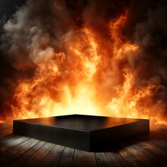 Intense Flames Surrounding a Black Product Podium in a Dark Setting