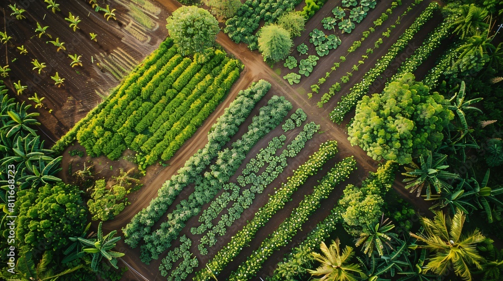 Wall mural aerial shot of sustainable farming practices such as permaculture and agroforestry