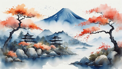 Elegant Japanese Watercolor Landscape, Abstract Hand-Painted Background