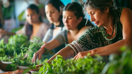 Close up view of a people experiencing with different type of plants used in herbal medicine, engaged in hands-on learning