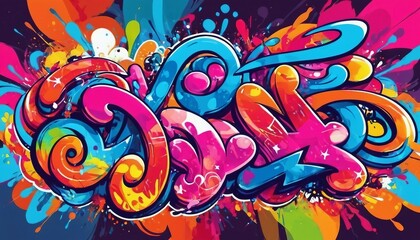 Abstract graffiti art background with vibrant colors and street art motifs.