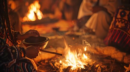 Close up of traditional healing ceremony or ritual with participants gathered around a fire
