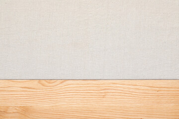 Naklejka premium Burlap lay on the oak tabletop. Burlap and oak texture background.