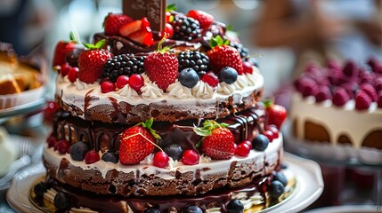 Birthday cake decorated with fresh berries and chocolate. Selective focus.
