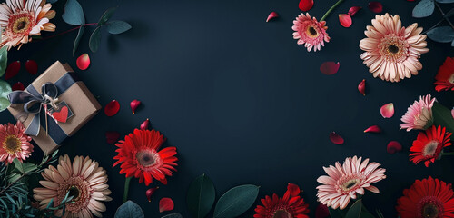 A dark backdrop with space for text adorned by flowers and a gift perfect for Mother's Day.