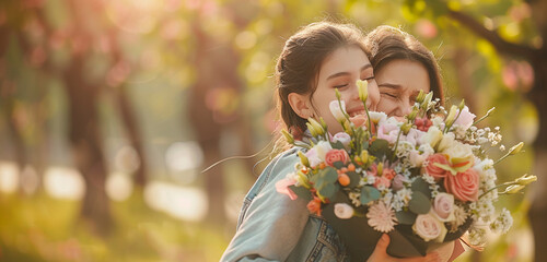 A daughter embracing her mother with a bouquet of flowers, expressing admiration and love on Mother's Day