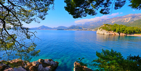 Europe, Montenegro, Budva city, cliffs and rocky coast near famous Sveti Stefan island, Europe,...
