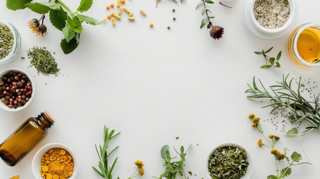 Frame made of medicinal herbs used in pharmacology to create medication on the white table with copy space in the middle