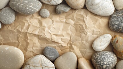 Pebbles of gray and white on textured brown paper backdrop