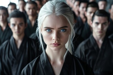 Fototapeta premium Serious young woman in a crowd