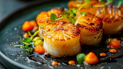 A plate of scallops with herbs and vegetables.