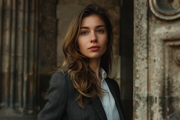 Fototapeta premium Thoughtful young woman in city alleyway