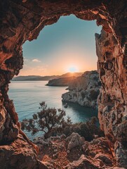 Stunning sunset view from rocky cave overlooking serene coastal landscape