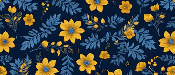 Yellow flowers, delicate blue leaves art. Navy, yellow floral of full frame background for summer, or spring field.