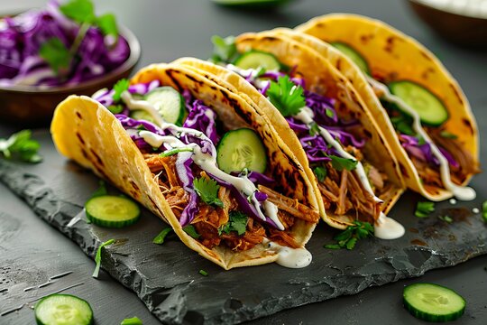 Pulled pork tacos with slaw and sour cream.