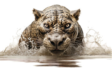 Jaguar emerging from river to hunt capybara.
