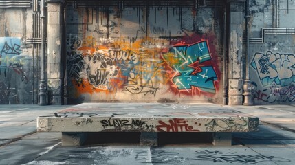 A concrete bench positioned in front of a wall covered in colorful graffiti
