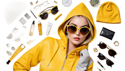 yellow sunglasses stylish hood woman wearing fashion accessory trendy cool hip chic urban summer sunny fashionable eyewear headwear casual attire modern young