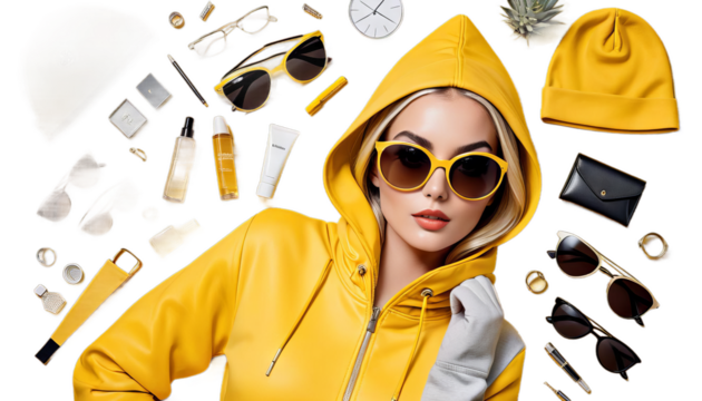 yellow sunglasses stylish hood woman wearing fashion accessory trendy cool hip chic urban summer sunny fashionable eyewear headwear casual attire modern young