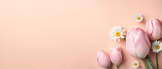 3D render happy Mother's Day banner with copy space. Celebrating Mother's Day with, heart and flowers DESIGN.	