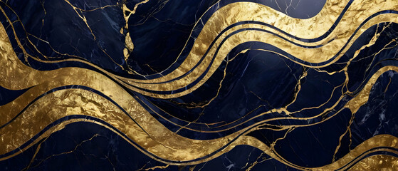 Natural luxurious black and gold marble texture wallpaper background. Stone ceramic art wall panorama with golden waves. Luxury backdrop design