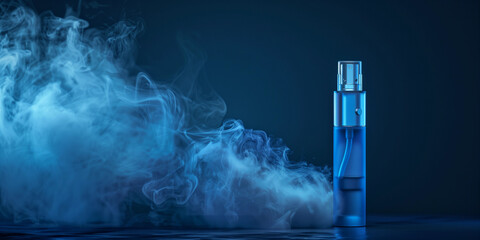 Close up glowing blue vape smoking creative studio banner for smoke e-cigarette vapes sale shop dramatic  ad on navy background anti nicotine quit education ad copy space  vaping addiction awareness 