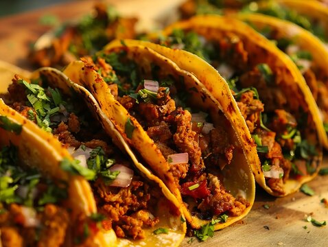 A close up of tacos with meat and herbs.