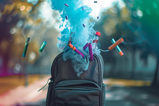 Colorful vapes flying out of high school backpack bag smoke e-cigarette vape floating in air Collage background nicotine quit education ad health epidemic vaping addiction awareness in teen youth
