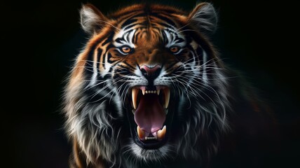 Obraz premium Snarling tiger illustration on a dark background