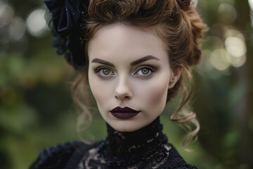 Elegant woman with dark makeup and curly hairstyle