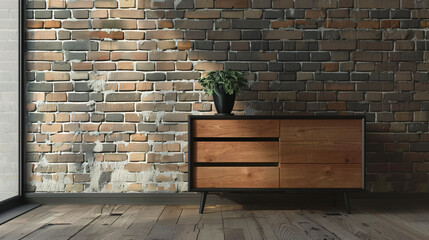 Modern chest of drawers near brick wall in room